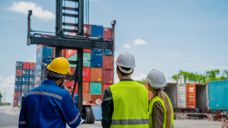 Customers gathered around a container terminal